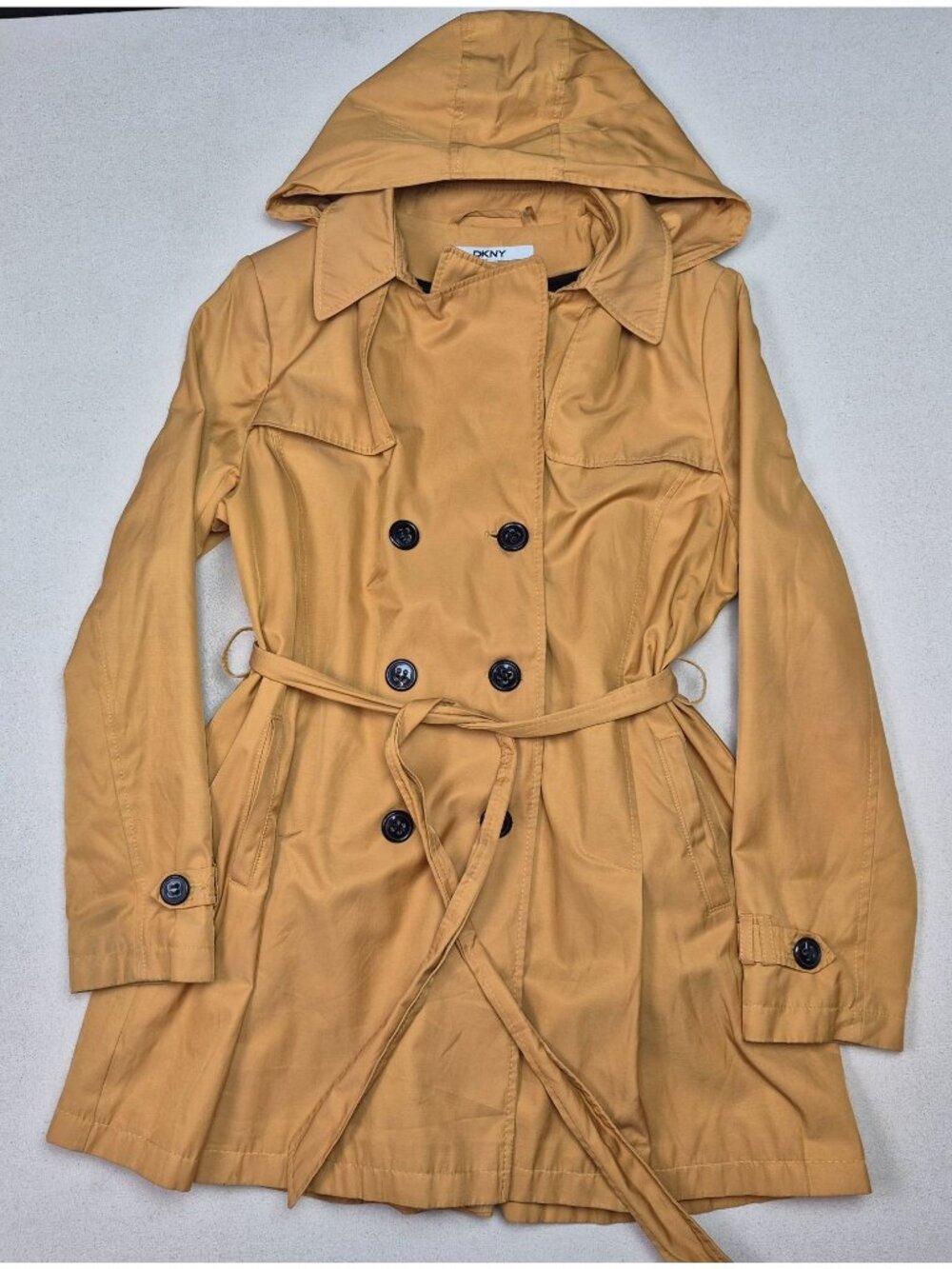 DKNY Women's Double Breasted Hooded Pea Coat w/Belt Metallic Gold/Black Sz L